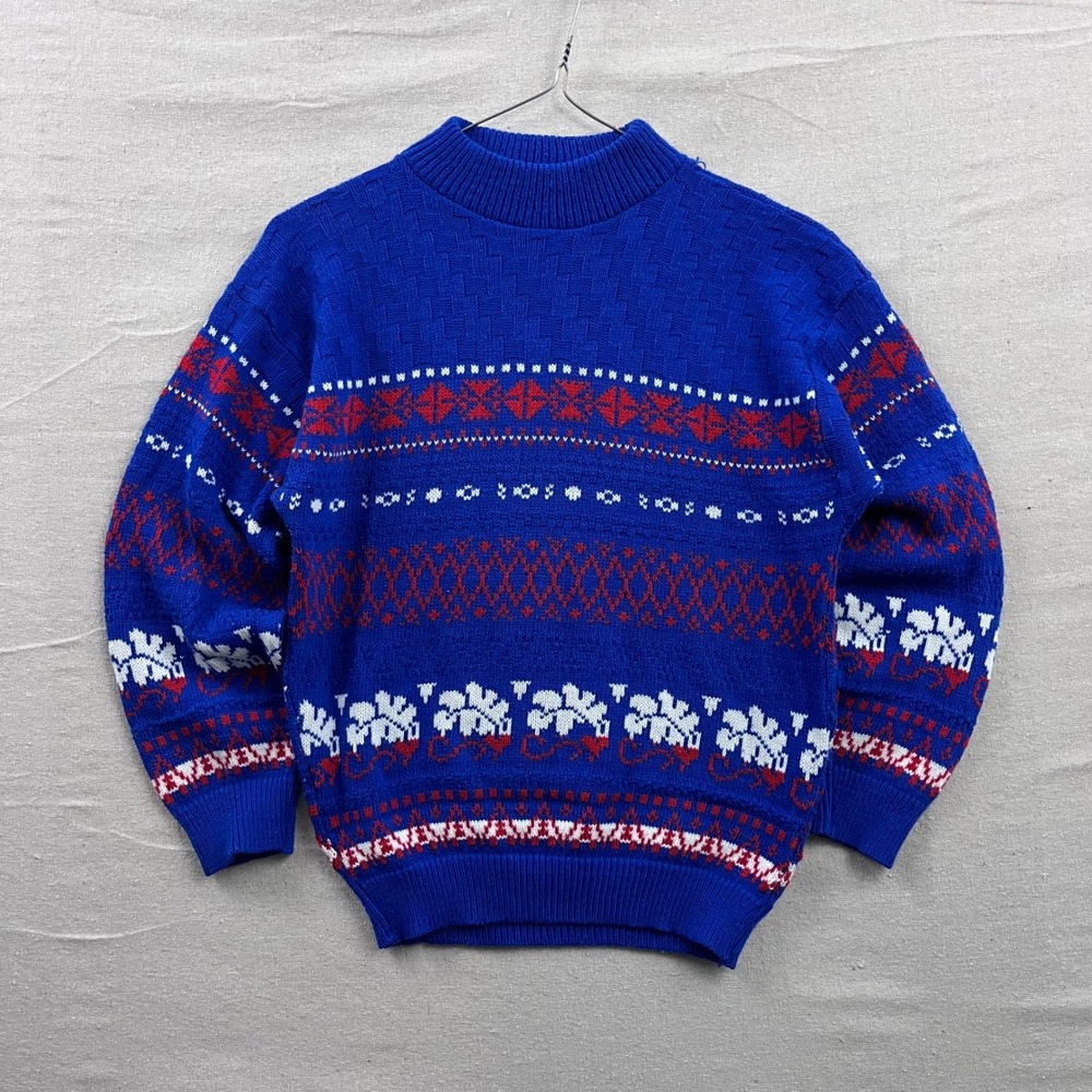 Vintage American Pride Blue Fair Isle Knit Sweater Mock Neck Mens Medium USA